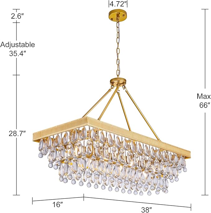 TOCHIC Crystal Dining Room Chandelier Over Table, Gold Linear Rectangle Chandelier 7 Lights Modern Farmhouse High Ceiling Light Fixture for Kitchen Island, Living Room, Entryway, 38" L