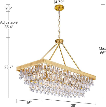 TOCHIC Crystal Dining Room Chandelier Over Table, Gold Linear Rectangle Chandelier 7 Lights Modern Farmhouse High Ceiling Light Fixture for Kitchen Island, Living Room, Entryway, 38" L