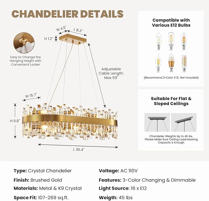 Modern Crystal Chandelier, 16-Light Rectangular Gold Crystal Chandelier for Dining Room, Luxury Oval 2-Tiers K9 Crystal Flush Mount Pendant Ceiling Light for Living Room Kitchen Island L35.4''