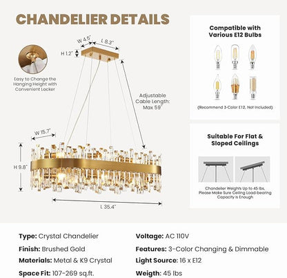 Modern Crystal Chandelier, 16-Light Rectangular Gold Crystal Chandelier for Dining Room, Luxury Oval 2-Tiers K9 Crystal Flush Mount Pendant Ceiling Light for Living Room Kitchen Island L35.4''