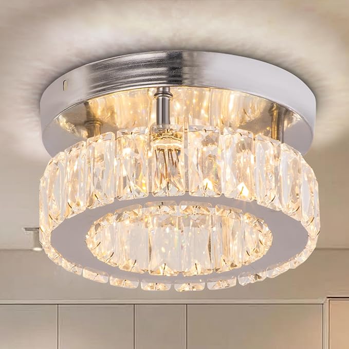 Small Modern Small Crystal LED Chandelier Mini Flush Mount Round Ceiling Light Fixture K9 Crystal Ceiling Lamp for Dining Room Living Room Bedroom (Warm White)