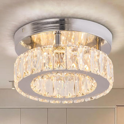 Small Modern Small Crystal LED Chandelier Mini Flush Mount Round Ceiling Light Fixture K9 Crystal Ceiling Lamp for Dining Room Living Room Bedroom (Warm White)