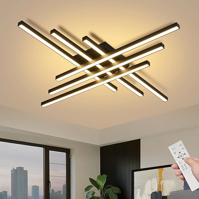 43" Black Modern LED Ceiling Light with Remote 3000K/4500K/6000K Close to Ceiling Lights Creative Design Ceiling Lamp for Bedroom Living Room Kitchen Hallway Dining Room(96W, 6 Lights)