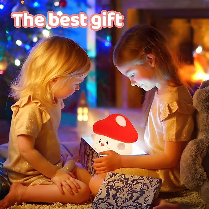 Mushroom Night Light, Squishy Silicone Lamp - Tap Control 2 Brightness, 50H Battery & Auto Timer, Cute Mothers Day Gifts for Kids, Bedside Nursery Desk Mushroom Decor