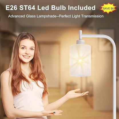 DLLT Floor Lamp Tall for Room: White Standing Lamp with Frosted Glass Lampshade for Living Room - Modern Bright Lamp for Bedroom - Industrial Corner Floor Lamps for Office 8W Led Bulb Included