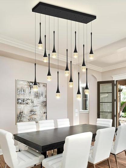 ykolupty Modern Rectangular Chandelier,14 Lights Black Raindrop Chandelier Lighting,Industrial Linear Pendant Ceiling Light Fixture for Dining Living Room Kitchen Island