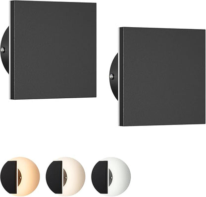 EDISHINE 2 Pack LED Wall Lights Outdoor Indoor, 3000K-5000K Dimmable Wall Sconce, 360° Backlit Square Modern Exterior Lighting Fixtures, IP65 Waterproof Aluminum Outside Porch Light, Black