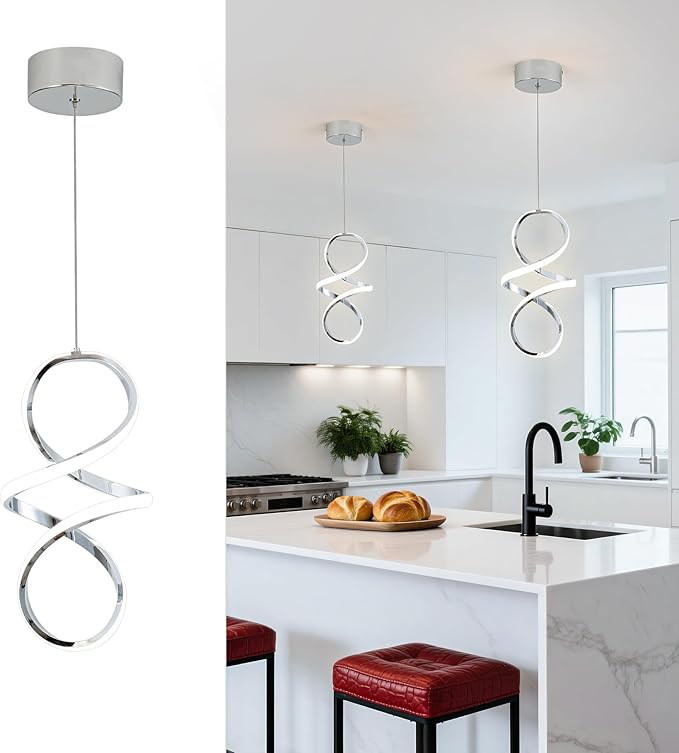 MAYNA Spiral Modern Pendant Light, 4000K Natural White LED Pendant Lights Kitchen Island, 18W Adjustable Height Island Lights for Kitchen Bedroom Dinning Room Living Room, 1 Pack (Chrome)