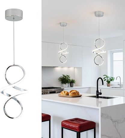 MAYNA Spiral Modern Pendant Light, 4000K Natural White LED Pendant Lights Kitchen Island, 18W Adjustable Height Island Lights for Kitchen Bedroom Dinning Room Living Room, 1 Pack (Chrome)