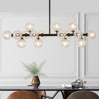 16-Light Globe Sputnik Chandelier, Linear Dining Room Light Fixture Over Table, Mid Century Modern Black Chandeliers for Dining Living Room, Kitchen Island Lighting (Clear Bubble, 40 Inch)