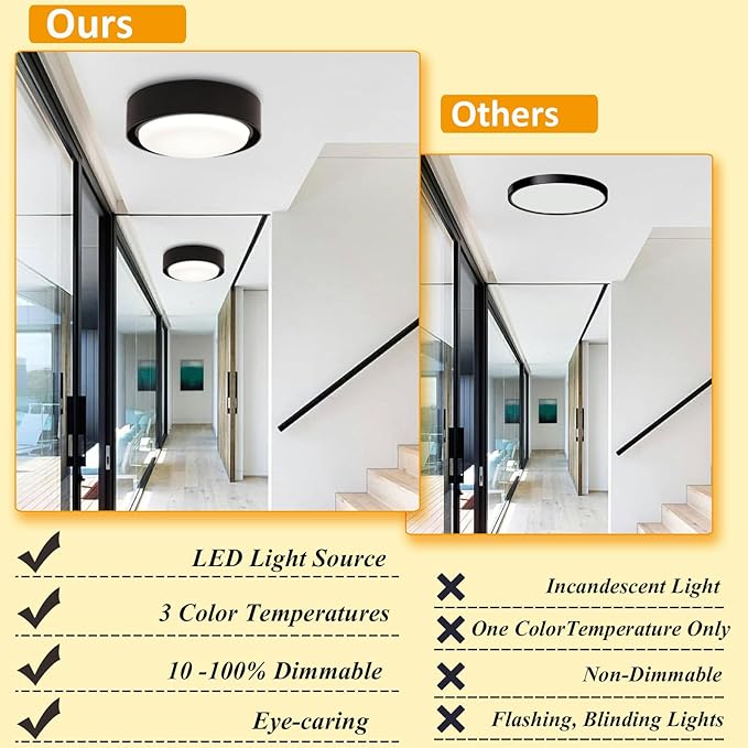 Black Flush Mount Ceiling Light, 12 Inch LED Metal Light Fixture, 3000K 4000K 5000K Dimmable Modern Lighting Fixture Ceiling for Bedroom Hallway Kitchen Bathroom