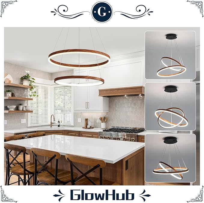 LED Chandelier for Dining Room 2 Ring LED Ceiling Hanging Light Adjustable Dimmable with Remote Modern Farmhouse Circular Wood Painted Round Pendant Light for Entryway, Bedroom, Office