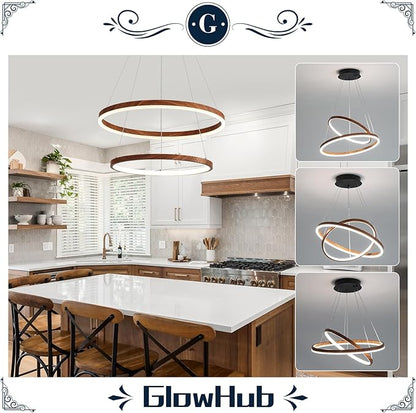 LED Chandelier for Dining Room 2 Ring LED Ceiling Hanging Light Adjustable Dimmable with Remote Modern Farmhouse Circular Wood Painted Round Pendant Light for Entryway, Bedroom, Office