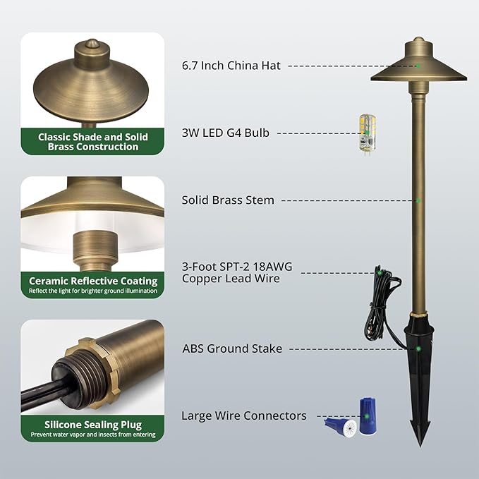 GKOLED Solid Brass Landscape Path Lights (6.7" Shade, 20" Tall), Low Voltage LED 3W 12-24V AC/DC China Hat Path Lighting, 2700K Outdoor Waterproof Walkway Light, with Stake and G4 Bulb, 6 Pack