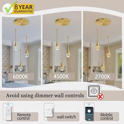 ykolupty 3-Light Gold Chandelier with Dimmable Ceiling Light Crystal Pendant Light for Kitchen Island, Dining Room, Living Room, Entry Hallway