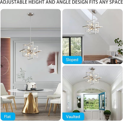 XINGQI 15“ Modern Chandelier 8-Light Brushed Nickel Geometric Pendant Lighting Farmhouse Ceiling Light Fixtures for Dining Room Living Room Kitchen Island Bedroom Hallway