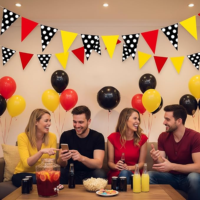 HESTYA 5 Pieces 49 Feet Mouse Pennant Banner Cartoon Party Decorations Cartoon Themed Red Yellow Black White Dot Triangle Flags Bunting Banners for Birthday Wedding Party Decor Indoor Outdoor Supplies