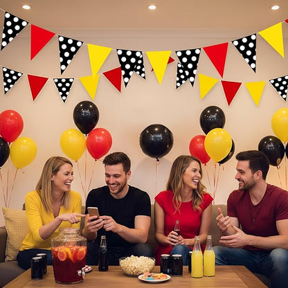 HESTYA 5 Pieces 49 Feet Mouse Pennant Banner Cartoon Party Decorations Cartoon Themed Red Yellow Black White Dot Triangle Flags Bunting Banners for Birthday Wedding Party Decor Indoor Outdoor Supplies