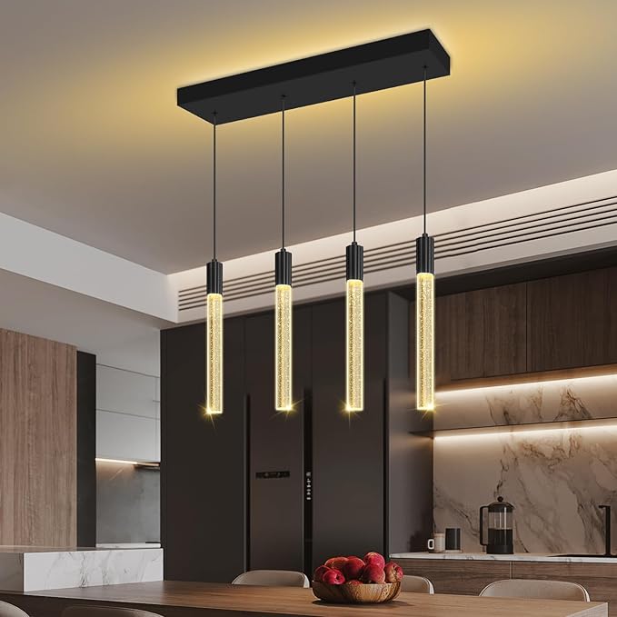 Bubble Crystal Column Chandelier, 4-Light Rectangular Black Crystal Chandelier, Dimmable Adjustable Height Luxury Pendant Light for Kitchen Island, Dining Room, Living Room