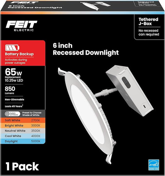 Feit Electric 6" Canless LED Recessed Downlight, 65W Equivalent, Non-Dimmable, Battery Backup, 5 Selectable Color Temperatures, Low-Clearance Applications for Indoor/Outdoor Use, LEDR6XT/BAT/5CCTCA