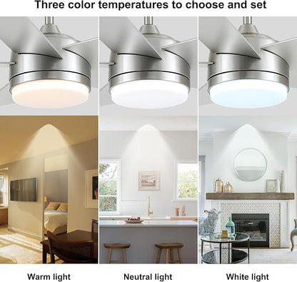 YUHAO 44 Inch Brushed Nickel Ceiling Fan with Light and Remote Control.Noiseless,Dimmable,3CCT,6 Speeds Reversible, DC Ceiling Fans for Indoor or Covered Outdoor Use.ETL Listed