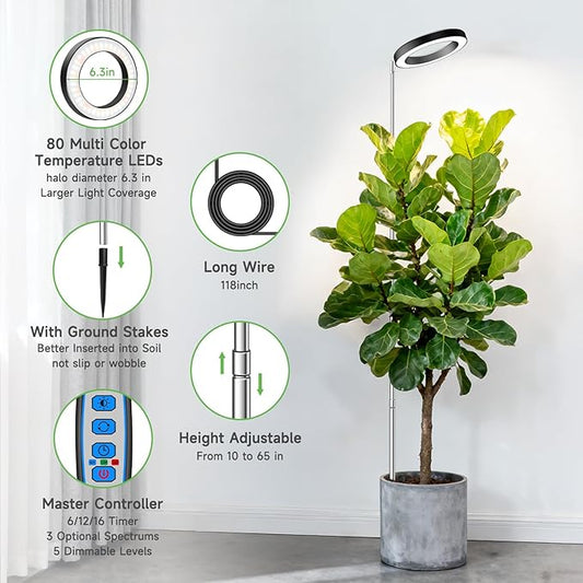 Aokrean 6.3in Grow Light, 80LED Growing Light Full Spectrum for Indoor Plants, Auto Timer 6/12/16H, 3 Optional Spectrums, Height Adjustable 10"-65", Idea for Large Plant, 5V, Black, 3 Pack