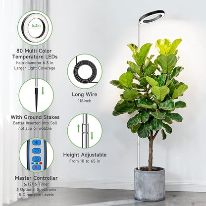 Aokrean Plant Grow Light, 80LED Growing Light Full Spectrum for Indoor Plants, Height Adjustable 10"-65", Auto Timer 6/12/16H, 3 Optional Spectrums, Idea for Large Plant Light, 5V, Black, 1 Pack
