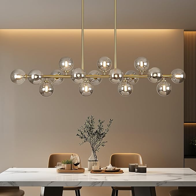 55" Long Brass Gold Chandeliers for Dining Room Kitchen Island, Large Globe Sputnik Linear Chandelier, 16 Lights Mid Century Modern Light Fixture Over Table, Smoke Grey Bubble, GC-08