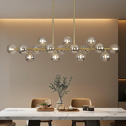 55" Long Brass Gold Chandeliers for Dining Room Kitchen Island, Large Globe Sputnik Linear Chandelier, 16 Lights Mid Century Modern Light Fixture Over Table, Smoke Grey Bubble, GC-08