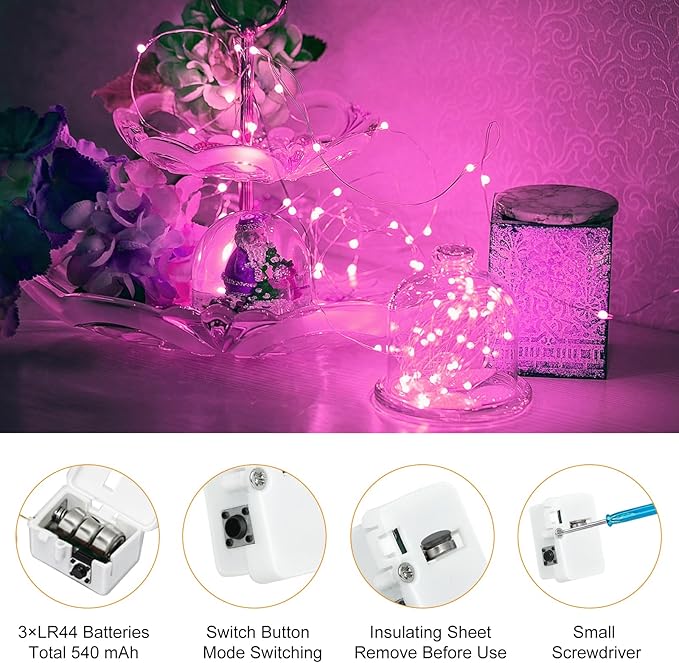 btfarm Valentine's Day 30 Pack Pink Fairy Lights Battery Operated 3 Modes, 7ft 20 Led Twinkle String Lights Waterproof, Bulk Small Mini Light for Mason Jars Christmas Vases Wedding Table Decorations
