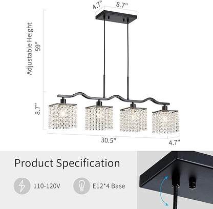 WUZUPS Crystal Chandelier 4-Light Linear Raindrop Pendant Ceiling Light Modern Lighting Fixture for Bedroom Dinning Room Bar Kitchen Island, H8.7'' W4.7'' L30.5, E12 Base, Black