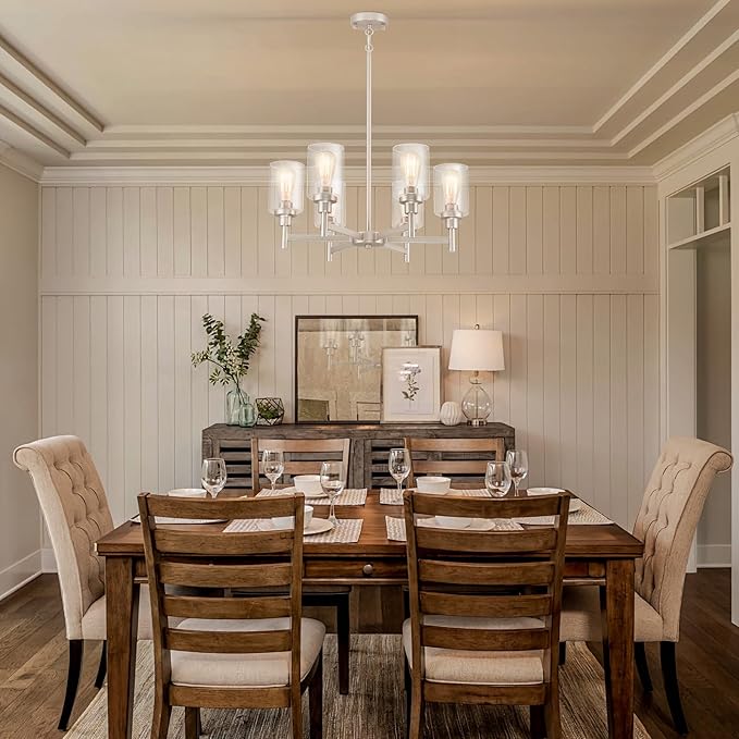 Brushed Nickel Chandelier | 6 Lights Farmhouse Chandeliers for Dining Room Light Fixtures Over Table | Hallway Lighting with Clear Glass Shade for Living Room | Kitchen | Entryway | Bedroom | Bathroom