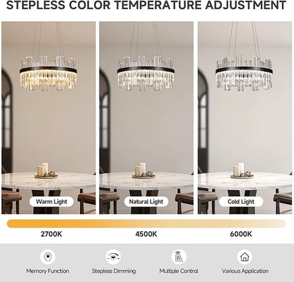 Modern Round Crystal Led Chandelier: 19.7" Black Luxury Chandeliers over Dining Table - Dimmable 3 Color Decorated Light Fixture - Elegant Drum Sparkly Chandelier for Living Room Bedroom with Remote