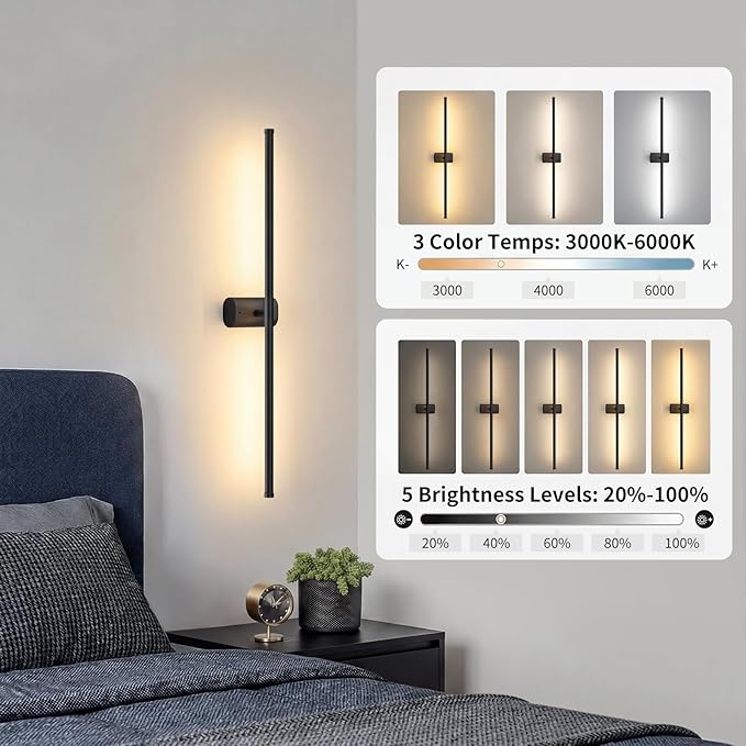 ONEWISH Battery Operated Wall Sconces Set of 2, 27.75" Rechargeable Wall Lights with Remote, 3-Color Dimmable Wireless Sconces for TV Wall Decor, Picture Light, Bedroom, Black