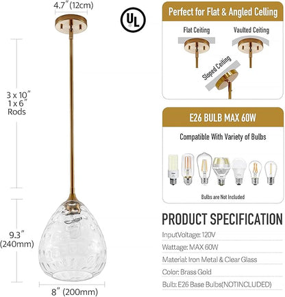 Transparent Clear Hammered Glass Pendant Light with Brass Gold Accent, Adjustable Hanging Lamp for Kitchen, Dining Room, and Living Room