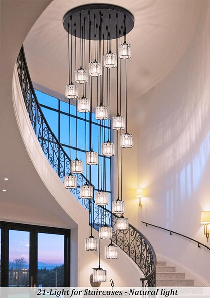 Long Chandeliers for High Ceilings,Modern Crystal Pendant Light,Raindrop Drop Lamp,Hanging Flush Mount Lighting Fixtures for Spiral Staircase,Foyer,Entryway,Living Room,Black (21 Lights)