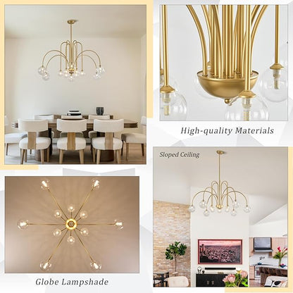 CATINER Gold Sputnik Chandeliers 12 Lights Modern Chandelier Large L52”Mid Century Ceiling Pendant Light Fixtures with Clear Glass Globe Shades for High Ceiling Living Dining Room Foyer Staircase
