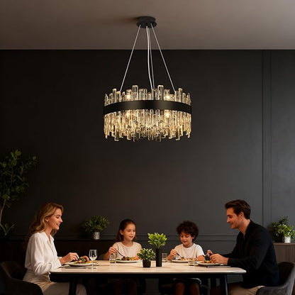 Crystal Chandeliers for Dining Room Lights Fixtures, 12 Lights Luxury Black Modern Chandeliers for Bedroom, 2-Tier Round Crystal Lighting Fixtures for Living Room Entryway Kitchen Island D20 Inch