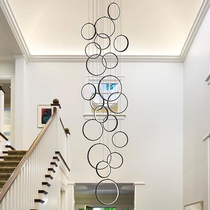 20 Rings Modern LED Chandelier for High Ceiling Dimmable Black Contemporary Foyer Long Chandelier for Entryway, Long Pendant Light Fixture Staircase Dining Living Room, 3000-6500K