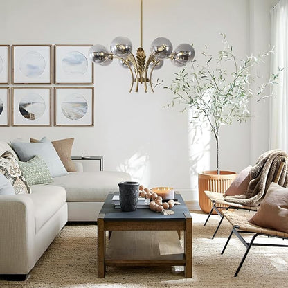 BOKT Gold Sputnik Mid Century Chandelier Modern Slop Ceiling Light Fixture Adjustable Height Kitchen Lights Hanging Smoked Gray Glass Globe Lampshade for Living Room Bedroom Bulb Included