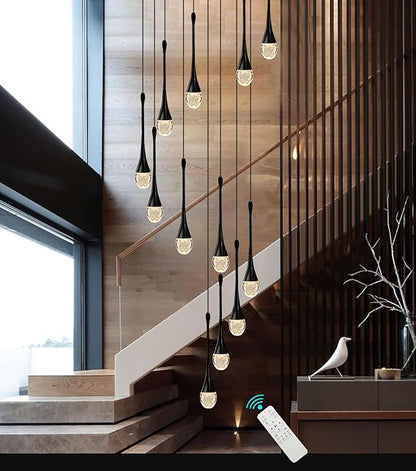 ykolupty Modern Crystal Chandeliers LED Dimmable Stairwell Chandelier 12-Lights Teardrop Chandelier Large Pendant Light for Entryway Foyer Living Room Black