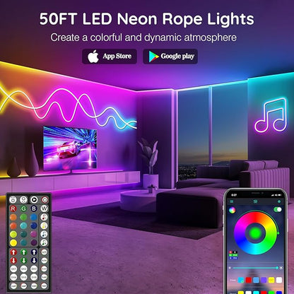 LETIANPAI Neon Rope Lights,Flexible Led Rope Lights Control with App/Remote,Multiple Modes Rope Lights,IP65 Outdoor RGB Led Neon Lights Waterproof,Music Sync Gaming Led Light Strip (50FT)