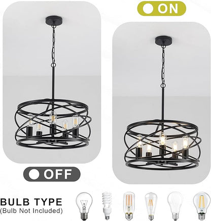 19.7'' Black Farmhouse Chandelier - 5-Light Industrial Drum Black Chandeliers for Dining Room Hanging Light Fixture for Entryway Kitchen Foyer Bedroom Living Room
