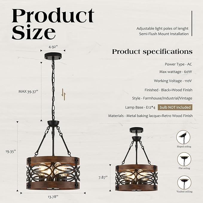 4-Light Farmhouse Drum Wood Pendant Light 13.8'' Vintage Rustic Brown Oak Wood Chandeliers,Retro Industrial Hanging Light Fixtures for Dining Room Entryway, Bedroom