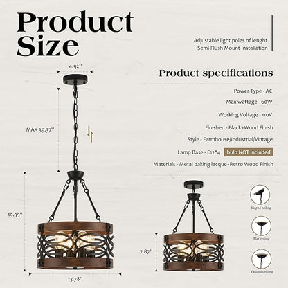 4-Light Farmhouse Drum Wood Pendant Light 13.8'' Vintage Rustic Brown Oak Wood Chandeliers,Retro Industrial Hanging Light Fixtures for Dining Room Entryway, Bedroom