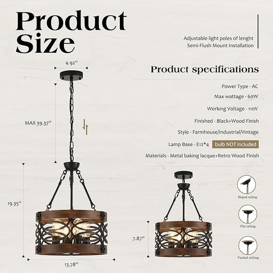 4-Light Farmhouse Drum Wood Pendant Light 13.8'' Vintage Rustic Brown Oak Wood Chandeliers,Retro Industrial Hanging Light Fixtures for Dining Room Entryway, Bedroom