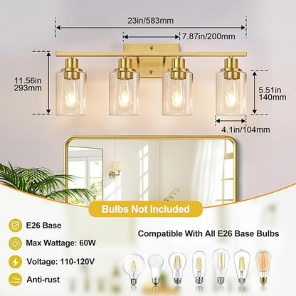 Indoi 4-Light Vanity Lights with Clear Glass Shades, Brushed Gold Bathroom Light Fixtures Over Mirror, Modern Bathroom Wall Lamp for Mirror Living Room Cabinet Bedroom Porch