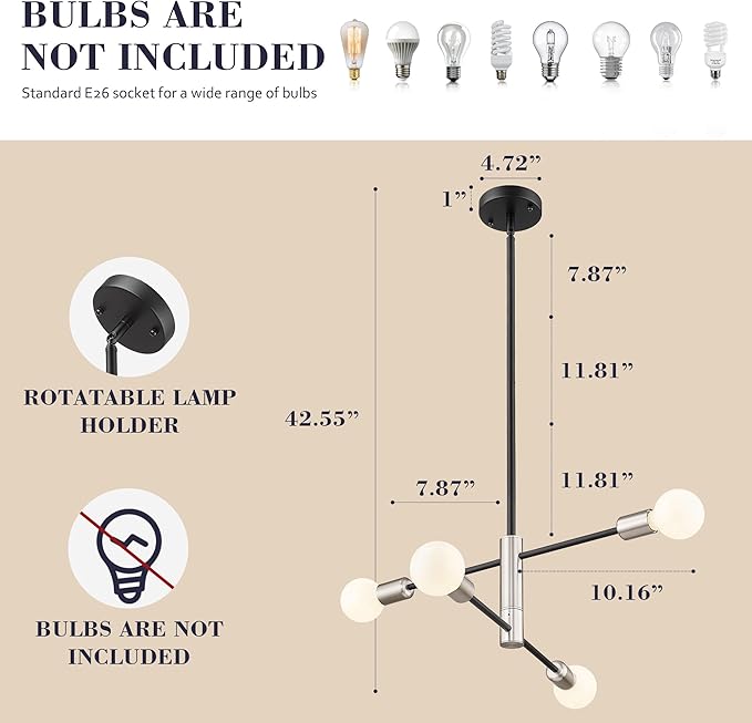 Modern Sputnik Chandelier Adjustable 4-Light Industrial Ceiling Light Fixture Mid Century Semi Flush Mount Ceiling Light Fixture Farmhouse Pendant Lighting for Dining Room Bedroom Silver