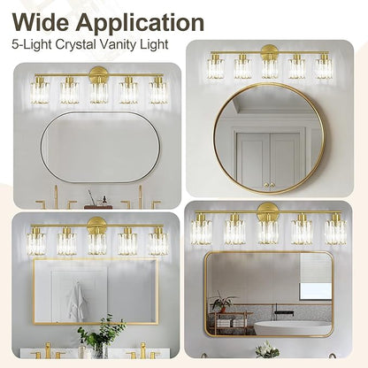 Crystal Bathroom Light Fixtures,Bathroom Lighting Fixtures Over Mirror, Modern 5-Light Gold Vanity Lights for Mirror, Restroom,Kitchen(Ceramic E26 Socket,Bulbs Not Include)