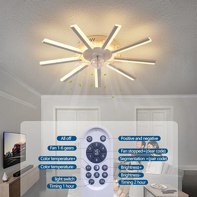 27" White Straight Strip Geometric Ceiling Fan with Lights, 3 Colors 6 Speeds Low Profile Ceiling Fan with Light for Kitchen Bedroom